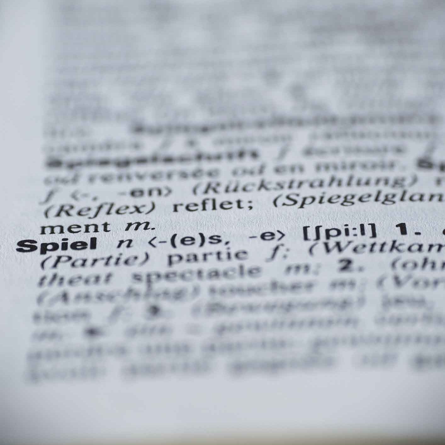 Zoom on the Dictionary page from Spiel, German for Game